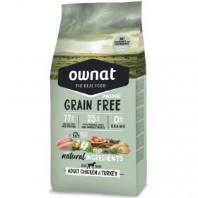 Натурална суха храна Ownat Grain Free Prime ADULT CHICKEN & TURKEY - БЕЗ зърнени култури, с 77%  качествено месо, пиле и пуйка